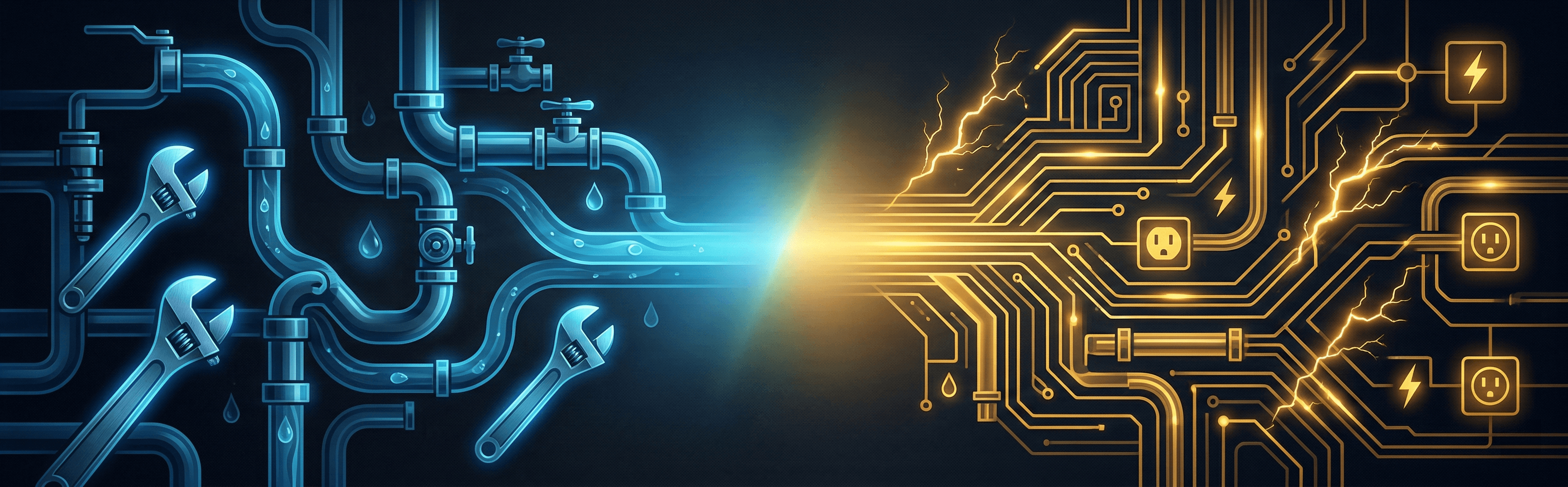Plumbing pipes merging with electrical circuits